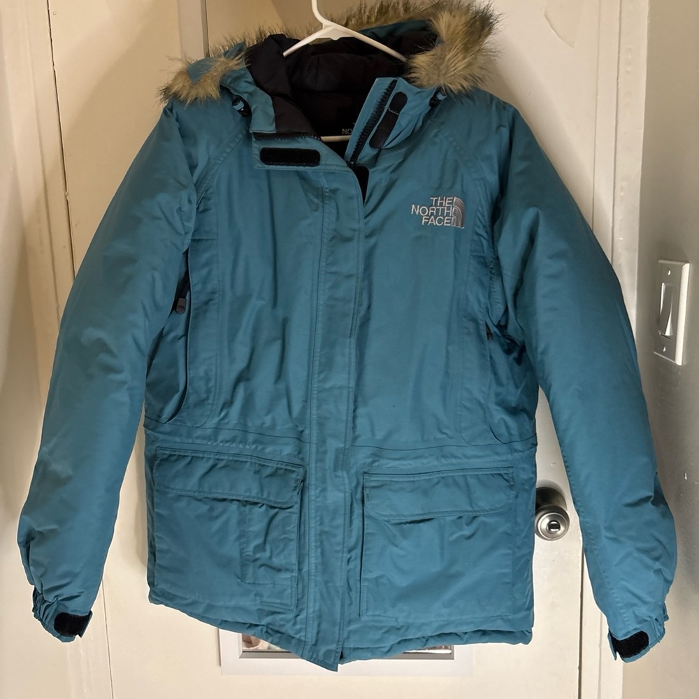 The North Face Women’s Blue Down Expedition Parka Coat Fur Hood Large - Picture 2 of 10